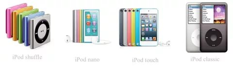 ipod touch, ipod classic, ipod nano, ipod shuffle и ipod video  